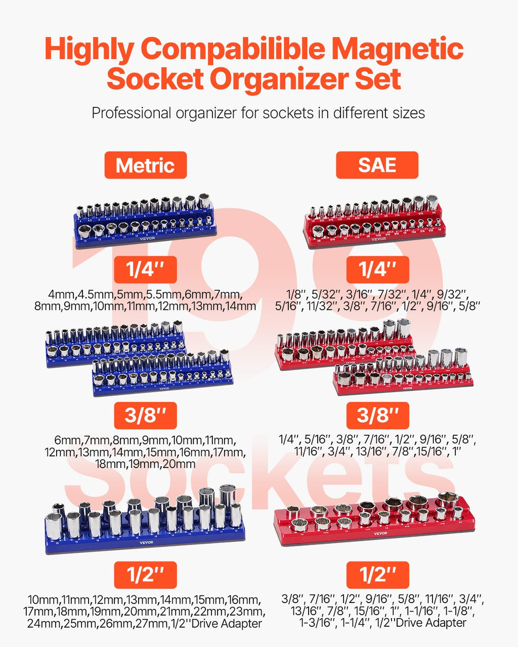 Magnetic Socket Organizer Set, 8 Pieces, SAE and Metric