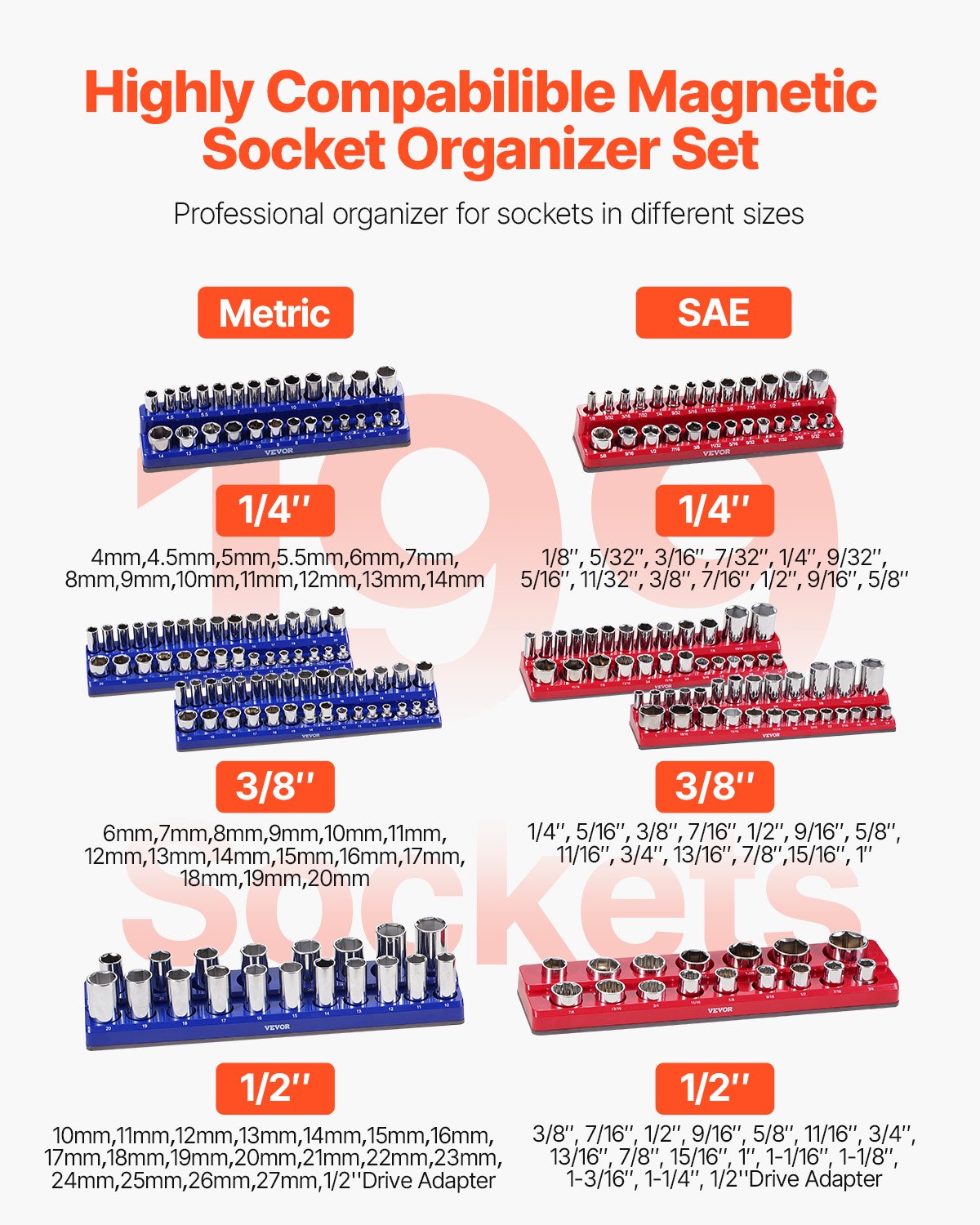Magnetic Socket Organizer Set, 8 Pieces, SAE and Metric
