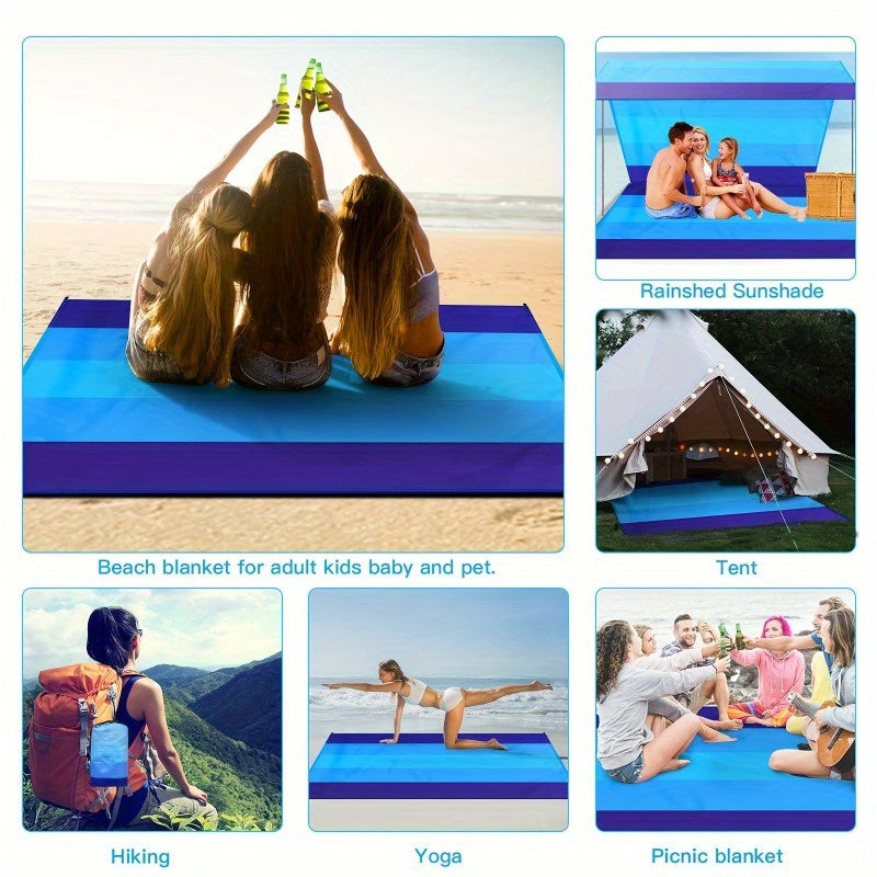 Extra Large Beach Blanket with Stakes, Blue Stripe - image 4