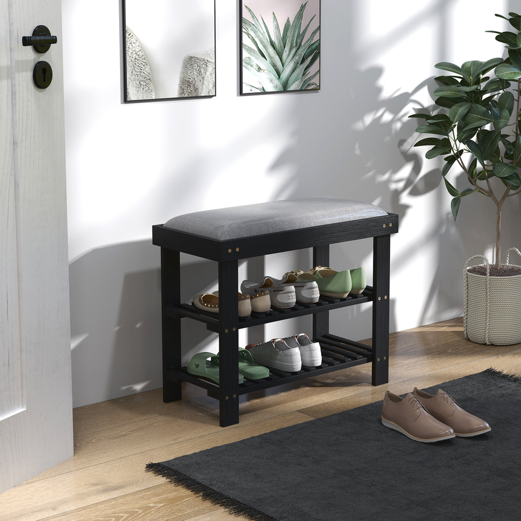 Bamboo Shoe Bench with Cushion, 2 Shelves, Black