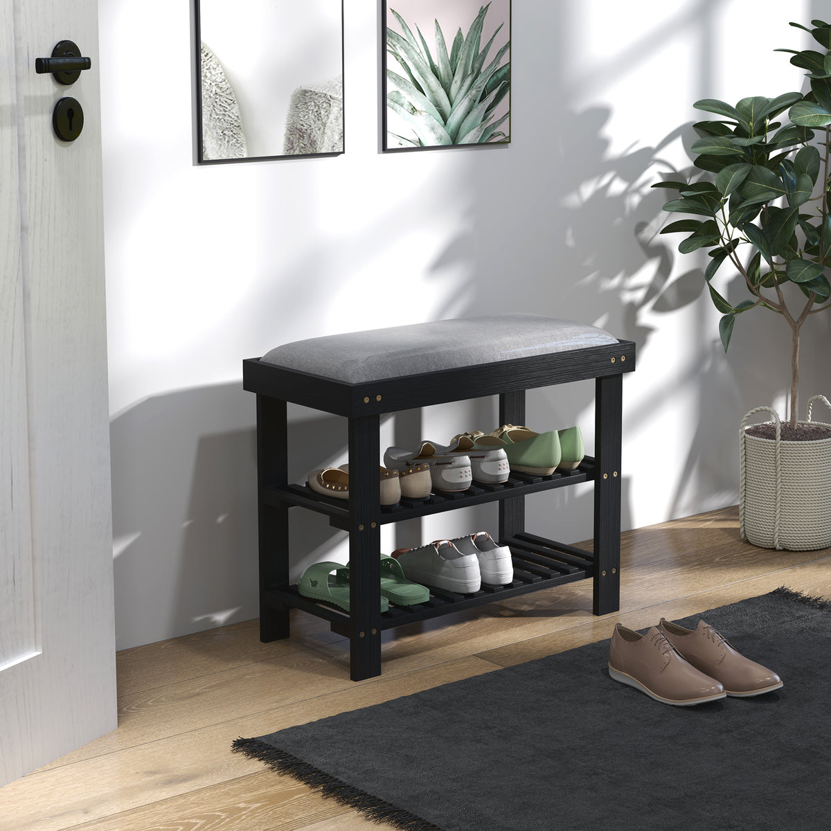 Bamboo Shoe Bench with Cushion, 2 Shelves, Black