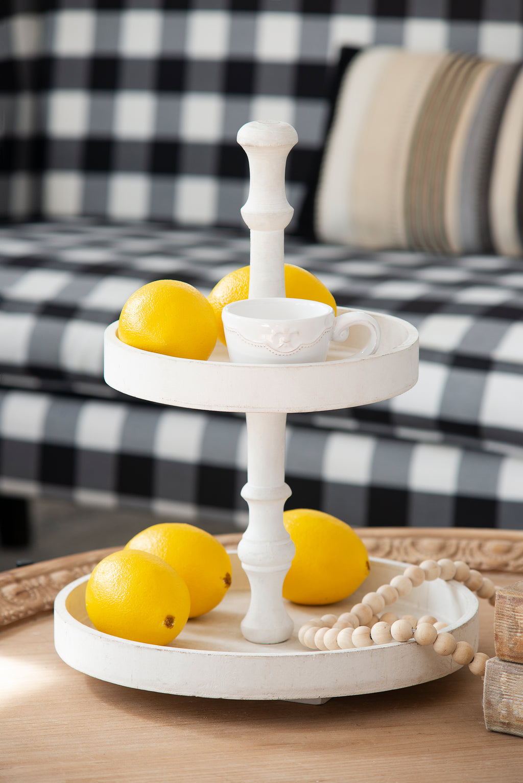 Two-Tier Round Wood Tray, White - image 3