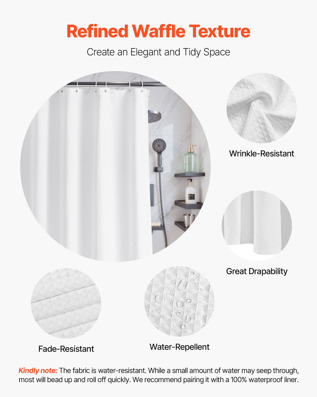 Waffle Weave Fabric Shower Curtain, 72 x 72 in, White - image 3