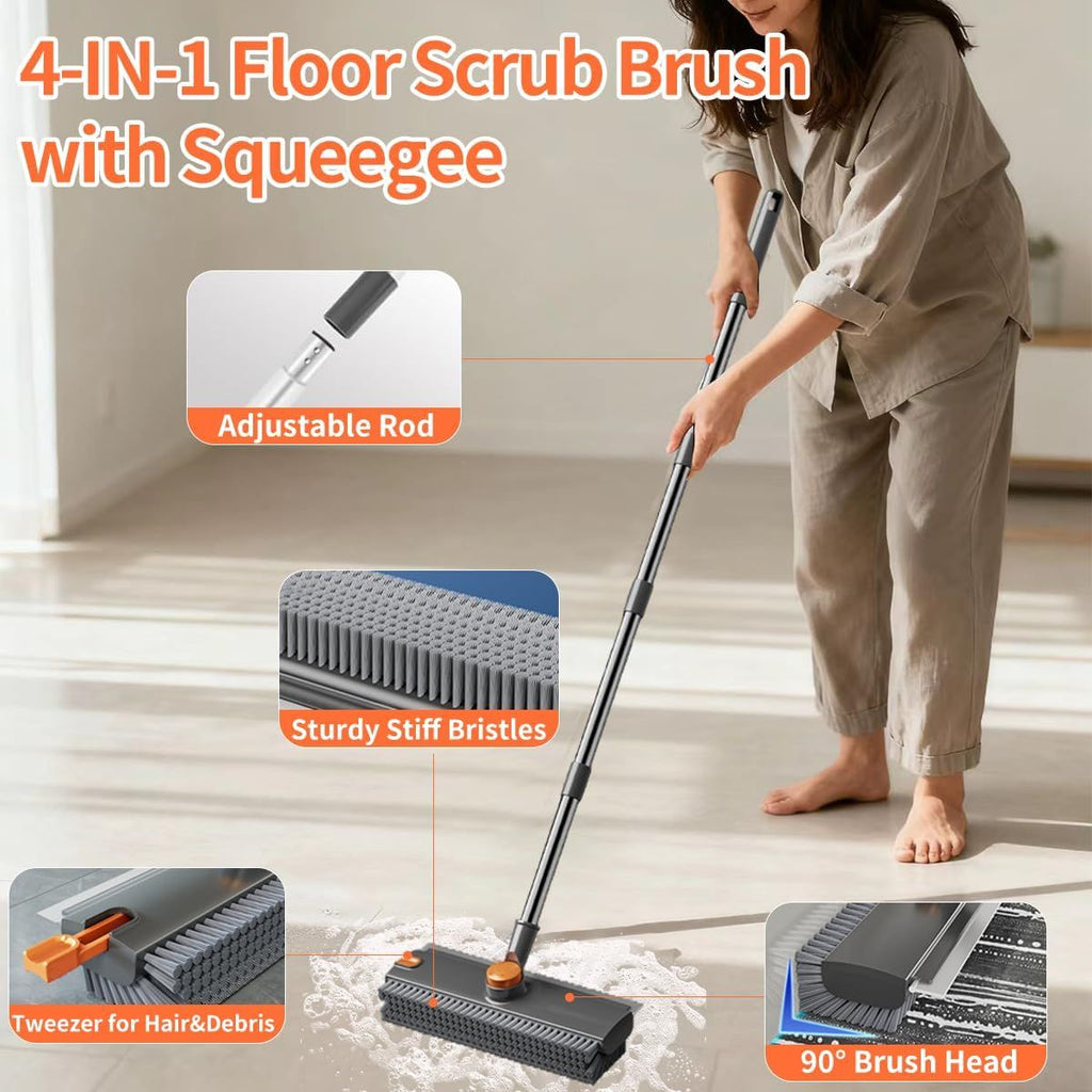 Floor Scrub Brush with Squeegee and Long Handle, Grey - image 7