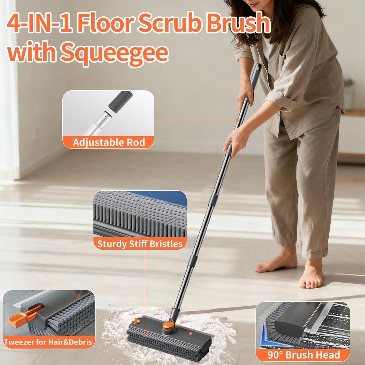 Floor Scrub Brush with Squeegee and Long Handle, Grey - image 7