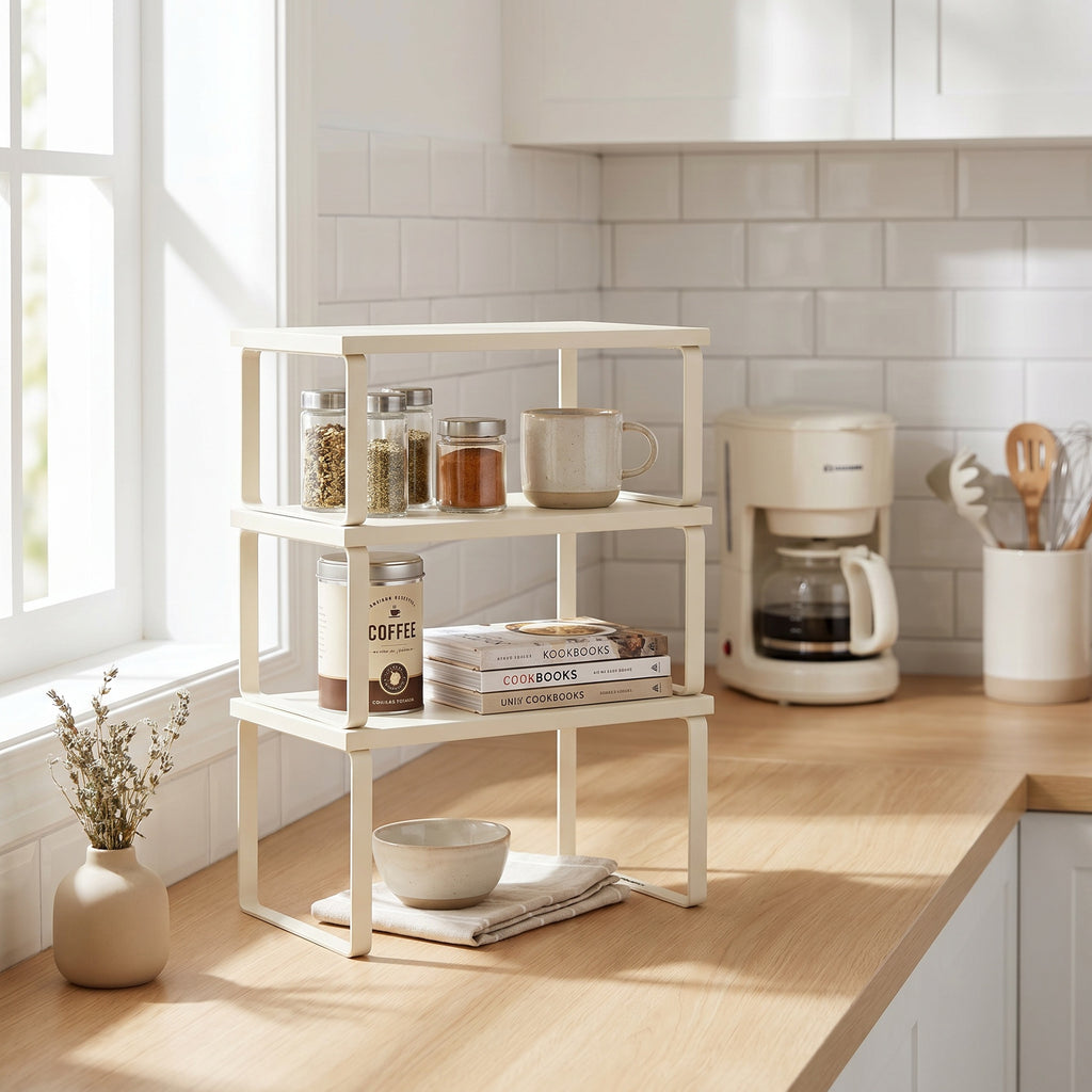 Stackable Cabinet Shelf Risers, Set of 3, White