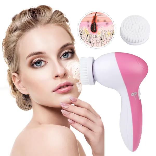 Facial Cleansing Spin Brush with 5 Heads, Pink - image 4