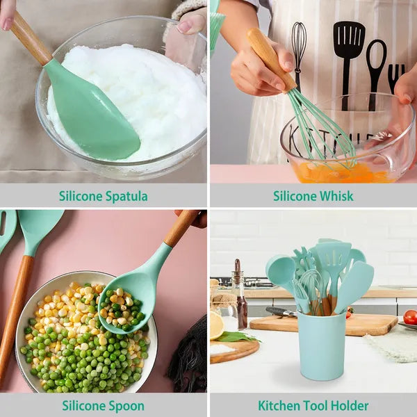 Silicone Cooking Utensil Set with Wood Handles, 11 Pieces, Light Green - image 2