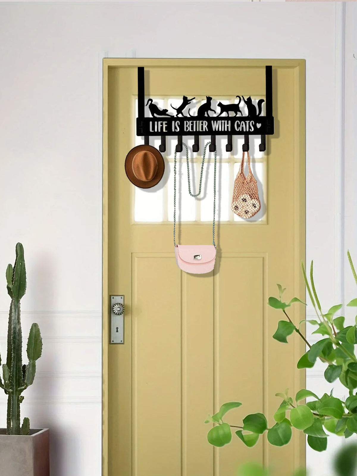 Over-the-Door Hook Rack, Cat Silhouette Design, 8 Hooks