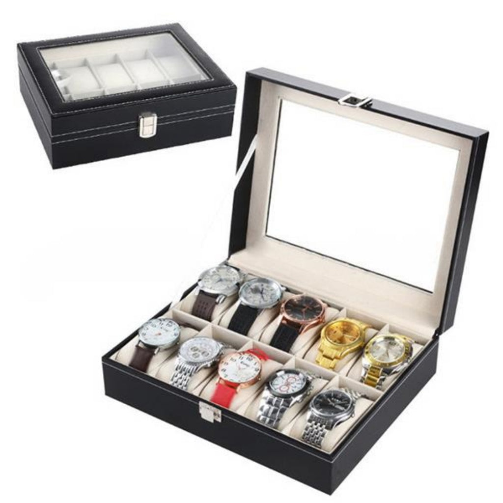 Watch Box with Glass Lid, 10 Slots, Black - image 2