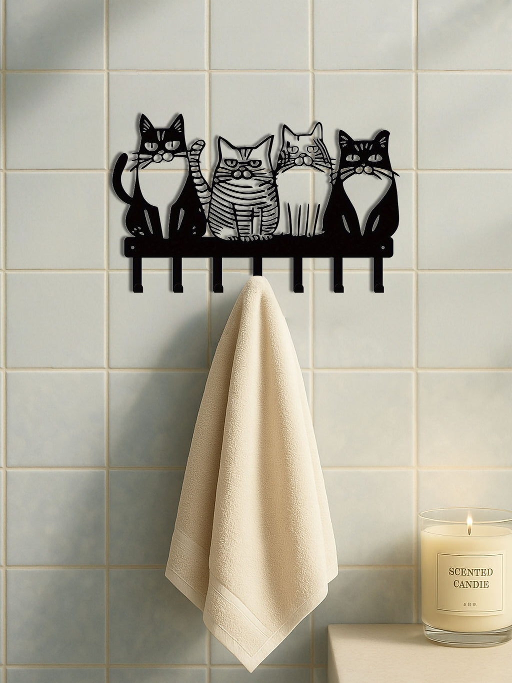 Cat Silhouette Metal Wall Hook Rack, 6 Hooks