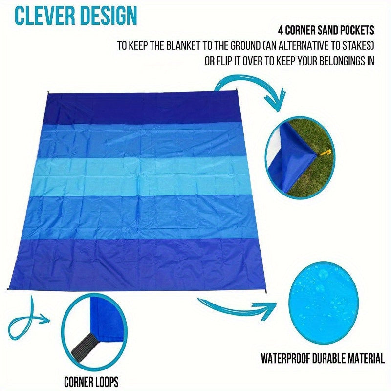 Extra Large Beach Blanket with Stakes, Blue Stripe - image 5