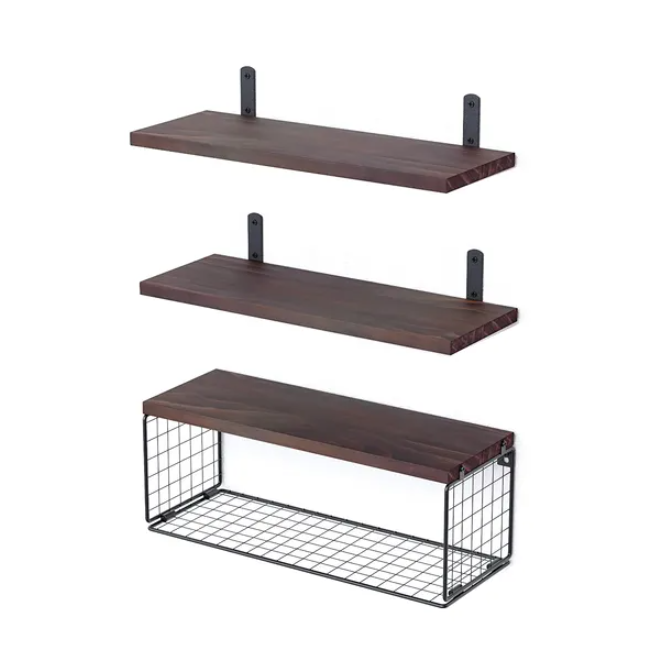 Wall Floating Shelves with Wire Basket, Rustic Brown - image 3