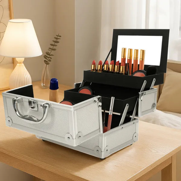 Aluminum Makeup Train Case with Mirror, Silver - image 2