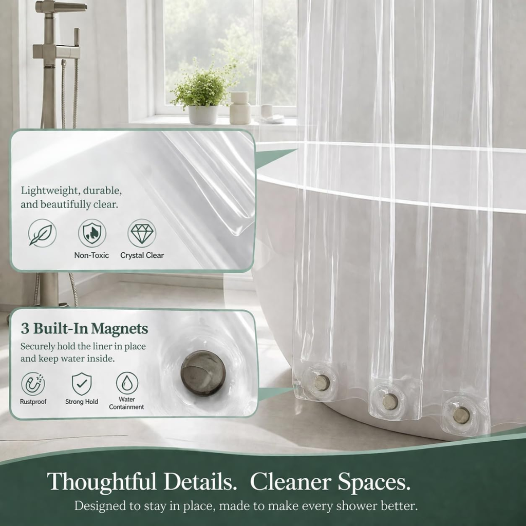 Clear PEVA Shower Curtain Liner with Magnets - image 2
