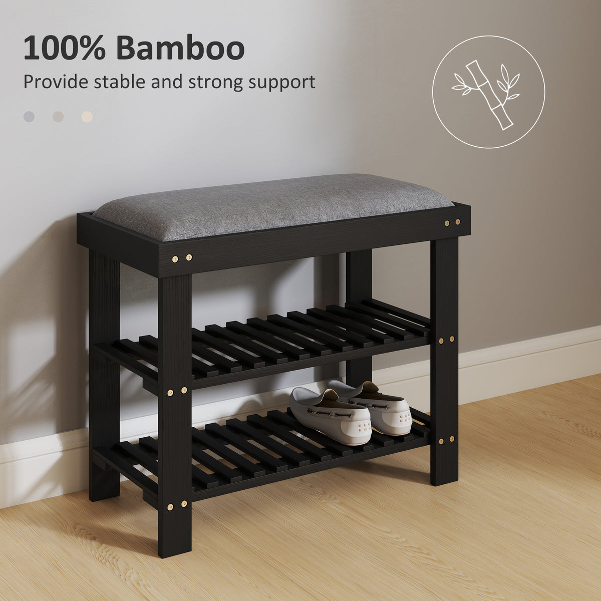 Bamboo Shoe Bench with Cushion, 2 Shelves, Black - image 4