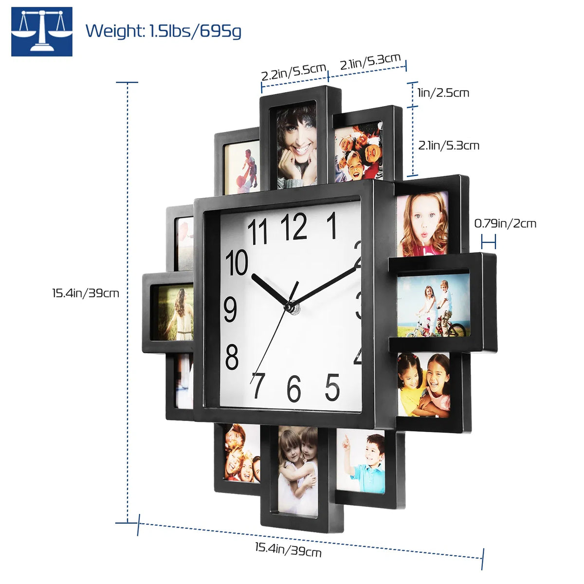 Photo Collage Wall Clock, 12 Frames, Black - image 9