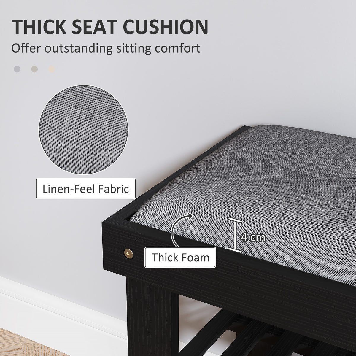 Bamboo Shoe Bench with Cushion, 2 Shelves, Black - image 5