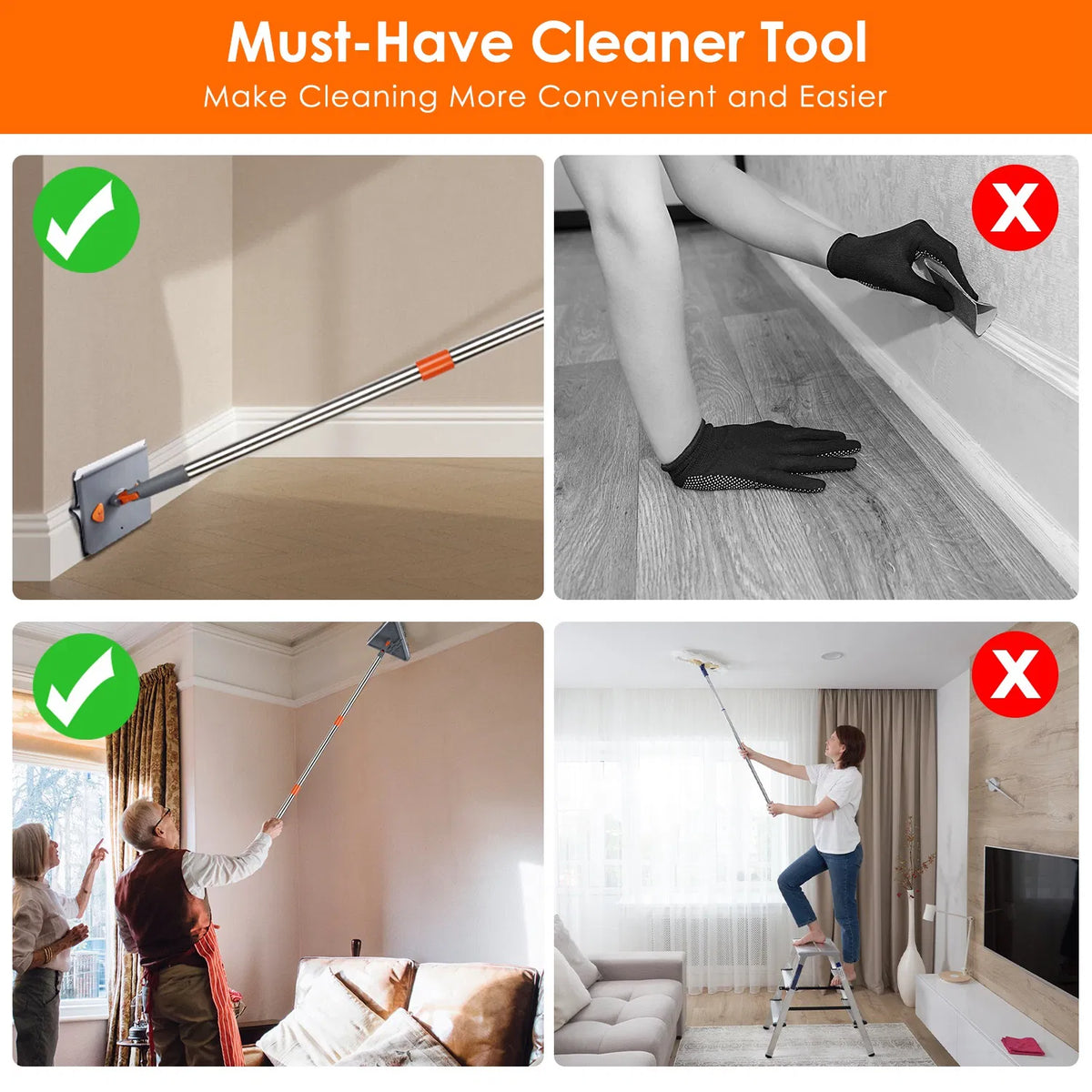 Baseboard and Wall Mop with Squeegee, Extendable Handle - image 4
